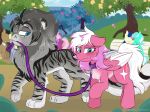 2026 background_character blue_eyes blush candy_dem0n collar cutie_mark digital_media_(artwork) duo embarrassed equid equine feathered_wings feathers felid female feral friendship_is_magic fur hasbro hi_res horse leash lion lucas_everest male mammal mane my_little_pony mythological_creature mythological_equine mythology pantherine pegasus pony public scar smile starwing_(cero_woof) tail wings