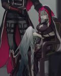  1boy 1girl absurdres alessandro_di_cagliostro_(fate) black_boots black_dress black_gloves black_tailcoat black_thighhighs black_veil blurry boots breasts chair cleavage cleavage_cutout clenched_hand clothing_cutout commentary_request depth_of_field disembodied_head dress fate/grand_order fate_(series) fleur-de-lis gloves grey_hair grey_pants high_ponytail highres holding holding_detached_head knee_boots long_hair looking_down marie_antoinette_(fate) marie_antoinette_alter_(fate) marie_antoinette_alter_(second_ascension)_(fate) on_chair pants parted_lips plm233 ponytail sitting standing tailcoat thighhighs three-quarter_sleeves veil yellow_eyes 