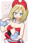  1girl bare_arms bare_shoulders blonde_hair blue_eyes blush border breasts commentary_request d: eyebrows_visible_through_hair flying_sweatdrops grey_background headdress highres irida_(pokemon) open_mouth outside_border pokemon red_shirt shirt short_hair simple_background small_breasts solo strapless strapless_shirt suwa_yasai upper_body white_border 