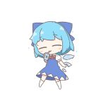  1girl :3 ^_^ blue_bow blue_dress blue_hair blush bow bowtie chibi chibi_only cirno cirno9_89 closed_eyes closed_mouth collared_shirt commentary cup disposable_cup dress drinking drinking_straw full_body hair_bow highres holding holding_cup ice ice_wings no_shoes pinafore_dress red_bow red_bowtie shirt short_hair short_sleeves simple_background sleeveless sleeveless_dress socks solo standing sweat touhou untranslatable_commentary white_background white_shirt white_socks wings 