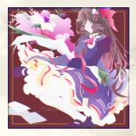  1girl animal_ears birthday braid brown_hair commentary_request daiichi_ruby_(umamusume) dress echoo flower frilled_dress frills from_side hair_ornament happy_birthday highres holding holding_flower horse_ears horse_girl impressionism leggings long_hair paper red_ribbon ribbon simple_background solo squatting umamusume white_leggings 