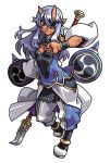  1girl black_bow black_bowtie black_shirt black_shoes blue_hair blue_pants blue_shirt bow bowtie breasts cleavage_cutout closed_mouth clothing_cutout dark-skinned_female dark_skin detached_sleeves eyepatch floating floating_object harakawa_mitsuhiro holding holding_polearm holding_weapon horns kirisame_raiya long_hair multicolored_pants multicolored_shirt multicolored_shoes official_art oni pants pointy_ears polearm red_eyes shinrabanshou shirt shoes skin-covered_horns small_breasts solo third-party_source transparent_background tsurime weapon white_pants white_shoes wristband 
