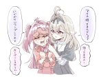  2girls ahoge antenna_hair black_dress black_ribbon blonde_hair blush_stickers bullying cheek_poking closed_eyes dress hair_intakes hair_ribbon hand_on_another's_cheek hand_on_another's_face hand_on_another's_shoulder highres kobayashi_mikuru long_hair looking_at_another meitantei_precure! moria_luluka multiple_girls piku_(another_pikuru) pink_ribbon poking precure purple_eyes red_shirt red_skirt ribbon shaking shirt simple_background skirt smile sweat translated two_side_up white_background 