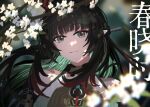 1girl arknights arknights:_endfield black_hair commentary_request dragon_horns dress eastern_dragon_horns floral_background flower grey_hair hair_ornament hairclip highres horns light_smile looking_at_viewer multicolored_eyes multicolored_hair petals pointy_ears red_hair red_horns sleeveless solo yuec zhuang_fangyi_(arknights) 