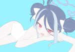  ahoge bare_arms blue_archive blue_hair bow commentary covered_navel double_bun english_commentary fubuki_(blue_archive) hair_between_eyes hair_bow hair_bun hair_ornament halo highres long_hair_between_eyes long_sidelocks looking_at_viewer lying multicolored_hair on_stomach one-piece_swimsuit purple_halo sidelocks streaked_hair swimsuit thighs torimew white_bow white_one-piece_swimsuit 