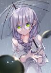  1girl alternate_costume alternate_hairstyle azamiko bare_shoulders blurry braid bright_pupils clothing_cutout collarbone commentary_request cowboy_shot depth_of_field dress eyes_visible_through_hair glasses green_eyes grey_hair hair_between_eyes hand_up heaven_burns_red highres holding holding_umbrella izumi_yuki leaning_forward long_hair long_sleeves looking_at_viewer narby_(heaven_burns_red) outdoors outstretched_hand parted_lips partial_commentary rain reaching round_eyewear shoulder_cutout slime_(creature) solo transparent transparent_umbrella twin_braids umbrella under_umbrella white_dress white_pupils 