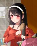  2girls absurdres anya_(spy_x_family) bathroom black_hair blush brushing_hair collarbone earrings hair_brush hair_down hairband hairpods highres holding holding_brush indoors jewelry long_hair long_sleeves multiple_girls off-shoulder_sweater off_shoulder oh_gong05 red_eyes red_sweater spy_x_family squeans sweater tile_wall tiles toothbrush white_hairband yor_briar 