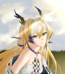  1girl absurdres aqua_eyes arknights bare_shoulders blonde_hair closed_mouth commentary day dragon_girl dragon_horns earrings english_commentary grey_jacket grey_tube_top hair_between_eyes hair_intakes highres horns jacket jewelry light_rays light_smile long_hair looking_at_viewer multicolored_hair necklace oakflash_(siah) off_shoulder outdoors pointy_ears purple_hair shu_(arknights) solo strapless tube_top upper_body white_hair 