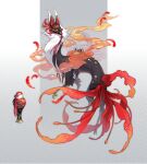  1other animal_ears black_fur black_mask bottle commentary_request fog fox fox_ears fox_mask grey_background hitodama long_neck maruneko mask multiple_tails no_humans original pixiv_username plant_tail seaweed simple_background smoke tail tassel two-tone_background two-tone_fur white_background white_fur 