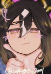  1girl animal_ears black_hair black_shirt blush brown_hair close-up commentary_request earrings face_hold facial_mark gradient_hair hair_between_eyes highres horse_ears horse_girl jewelry multicolored_eyes multicolored_hair pov pov_hands shirt smile stay_gold_(umamusume) streaked_hair umamusume voyage_2001 whisker_markings white_streaks yellow_eyes 