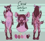 anthro crow(the_gothicyeen) digital_media_(artwork) fangs_bared female hair hi_res hyena long_hair mammal model_sheet nude nude_anthro nude_female piercing solo spots spotted_hyena standing the_gothicyeen yellow_eyes