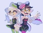 2023 absurd_res animal_humanoid aquatic aquatic_humanoid biped black_hair breasts callie_(splatoon) cephalopod cephalopod_humanoid chromatic_aberration clothing cousins_(lore) cross_pupils digital_drawing_(artwork) digital_media_(artwork) dress duo ear_piercing ear_ring facial_markings fangs female gesture gloves grin hair hand_holding handwear happy hat head_markings headgear headwear hi_res humanoid humanoid_pointy_ears inkling leggings legwear light_body light_skin marie_(splatoon) markings mask_(marking) mollusk mollusk_humanoid neckwear nintendo not_furry open_mouth open_smile piercing pigtails pointy_ears pokunchan portrait pseudo_hair ring_piercing simple_background small_breasts smile splatoon squid_humanoid squid_sisters_(splatoon) standing suction_cup teeth tentacle_hair tentacles unitard waving white_background white_hair yellow_eyes