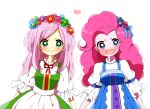  2girls :d alternate_costume animification aqua_eyes blue_dress blue_eyes blue_ribbon blush colored_skin commentary_request curly_hair dress fluttershy fluttershy_(equestria_girls) frilled_sleeves frills green_dress hair_ribbon head_wreath heart highres long_hair long_sleeves looking_at_viewer lottemkmkd multiple_girls my_little_pony my_little_pony:_equestria_girls my_little_pony:_friendship_is_magic pink_hair pink_skin pinkie_pie pinkie_pie_(equestria_girls) ribbon simple_background smile upper_body white_background yellow_skin 