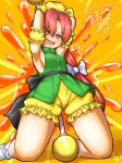  1girl armpits arms_up black_ribbon blush bow commentary_request green_shirt hair_between_eyes hair_bow hair_ribbon hat highres holding kneeling legs liquid long_hair open_mouth orange_(touhou) orange_background orange_theme pants ponytail puffy_short_sleeves puffy_sleeves raine_moriya red_eyes red_hair ribbon shirt short_sleeves shorts signature sleeveless smile touhou touhou_(pc-98) twirl_baton twitter_username very_long_hair yellow_hat yellow_pants 