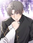  1231567118 1boy 1girl antenna_hair arm_behind_back black_shirt blurry brown_hair buttons commentary_request depth_of_field female_pov female_saniwa_(touken_ranbu) flower gloves hand_up heshikiri_hasebe high_collar highres kiss kissing_hand leaning_back light_blush light_smile looking_at_viewer male_focus parted_bangs parted_lips pov pov_hands purple_eyes saniwa_(touken_ranbu) shirt short_hair touken_ranbu upper_body white_gloves wisteria 