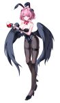  1girl absurdres arm_under_breasts bare_shoulders black_gloves black_leotard black_pantyhose black_wings bow bowtie breasts cleavage commentary cup drinking_glass full_body gloves hi_i_dubu high_heels highres holding holding_cup leotard looking_at_viewer medium_hair pantyhose pink_hair playboy_bunny pointy_ears ramiel_(zenless_zone_zero) red_bow red_bowtie simple_background smile solo white_background wine_glass wings wrist_cuffs zenless_zone_zero 