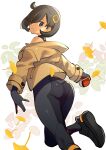  1girl ass ass_focus black_bodysuit black_gloves black_hair bodysuit bodysuit_under_clothes brown_jacket commentary dark-skinned_female dark_skin emma_(pokemon) gloves hair_ornament highres holding holding_poke_ball jacket latex latex_bodysuit looking_at_viewer poke_ball pokemon pokemon_legends:_z-a purple_eyes rakugakifuyu short_hair simple_background skin_tight solo white_background 