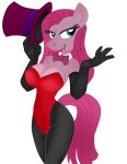 2015 4_fingers anthro armwear artist_collaboration bedroom_eyes black_clothing black_gloves black_handwear black_legwear black_pantyhose bow_tie breasts cleavage clothed clothing collar colored curvy_figure elbow_gloves equid equine eyeliner female fingers friendship_is_magic fur gloves hair handwear hasbro hat headgear headwear holding_clothing holding_hat holding_headgear holding_headwear holding_object horse krazykari legwear leotard makeup mammal my_little_pony narrowed_eyes navel open_mouth open_smile pantyhose pink_body pink_bow_tie pink_clothing pink_fur pink_hair pink_hat pink_headwear pink_tail pinkamena_(mlp) pinkie_pie_(mlp) pony portrait red_clothing red_leotard seductive shirt_collar smile smiling_at_viewer solo straight_hair straight_tail tail three-quarter_portrait three-quarter_view top_hat white_collar white_shirt_collar