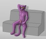5_fingers anthro balls brandon_(hotline_miami) felid fingers fur genitals hi_res lawrence_the_wolf_(artist) long_tail male mammal pantherine penis purple_body purple_fur simple_background solo tail yellow_eyes