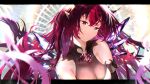  1girl absurdres asymmetrical_bangs bangs bare_shoulders black_hair blurry blurry_foreground breasts cleavage crystal demon_girl demon_horns detached_sleeves detached_wings gem getto hair_between_eyes highres hololive hololive_english horns irys_(hololive) large_breasts long_hair looking_at_viewer mini_wings multicolored_hair multiple_horns out_of_frame pointy_ears see-through smile solo very_long_hair virtual_youtuber wings 