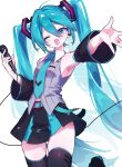  :3 :d antenna_hair armpits bare_shoulders belt big_hair black_boots black_skirt black_sleeves blue_belt blue_eyes blue_hair blue_necktie blue_skirt blush boots breasts close-up collared_shirt colored_eyelashes cowboy_shot detached_sleeves earphones grey_shirt halftone hatsune_miku head_tilt highres holding holding_microphone long_bangs long_hair microphone midriff_peek necktie one_eye_closed open_hand outstretched_hand rarirure_rirure shirt single_hair_intake skindentation skirt sleeveless sleeveless_shirt small_breasts smile standing standing_on_one_leg thigh_boots tsurime twintails upper_body very_long_hair vocaloid white_background white_shirt wide_sleeves 