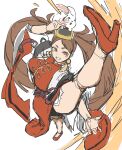  1girl absurdres bamman breasts brown_eyes brown_hair chinese_clothes commentary_request crop_top from_above guilty_gear guilty_gear_strive hair_ornament high_heels high_kick highres kicking korean_commentary kuradoberi_jam large_breasts long_hair long_skirt red_skirt side_slit sketch skirt usagi_(guilty_gear) very_long_hair 