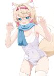  1girl alternate_costume animal_ear_fluff animal_ears bandaid bandaid_hair_ornament blue_scarf breasts claw_pose commentary_request dog_ears dog_girl glasses hair_ornament highres hololive hololive_english looking_at_viewer mococo_abyssgard one-piece_swimsuit paru_(parunprunpa) scarf short_hair small_breasts smile solo swimsuit thighhighs virtual_youtuber white-framed_eyewear white_one-piece_swimsuit white_thighhighs x_hair_ornament zettai_ryouiki 