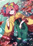  1girl absurdres beatmania_iidx beatmania_iidx_12_happy_sky bemani blue_bow blue_eyes bow branch character_name cherry_blossoms fish gekiyasu_no_dendou green_hakama hair_bow hakama hakama_skirt highres japanese_clothes kimono koi looking_at_viewer lying lying_on_water medium_hair on_back partially_submerged petals pink_hair pink_petals sigsig_(bemani) skirt smile solo water wide_sleeves yellow_bow yellow_kimono 
