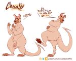 anthro balls belly_tuft brown_nose canid canine chocolateandmilk english_text flaccid fur genitals hi_res humanoid_genitalia humanoid_penis hybrid kangaroo macropod male male_anthro mammal marsupial mouth_closed nude overweight overweight_anthro overweight_male penis pink_penis simple_background solo standing tail tan_balls tan_body tan_fur tan_tail text tuft url white_background