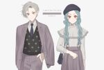  1boy 1girl artist_name bag black_bag black_hair black_sweater blue_eyes blue_hair blue_necktie bow collared_shirt commentary_request forehead grey_jacket grey_pants grey_skirt hair_bow hand_in_pocket handbag jacket kowata_shunki_(megechan) light_smile long_hair looking_at_viewer mege_(megechan) necktie original pants shirt short_hair simple_background skirt smile straight-on suit_jacket sweater twitter_username v-neck white_background white_hair white_shirt white_sweater 