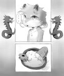 absurd_res ambiguous_gender anthro arm_tuft belly bread chest_tuft comic countershade_torso countershading dragon food fur furred_dragon furred_scalie hi_res horn huntings looking_at_viewer mythological_creature mythological_scalie mythology open_mouth red_the_explorer scalie shoulder_tuft solo speech_bubble tuft white_belly white_body white_countershading