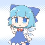  1girl :3 blue_bow blue_dress blue_eyes blue_hair blush bow bowtie chibi chibi_only cirno cirno9_89 closed_mouth collared_shirt commentary cowboy_shot dress hair_bow halftone halftone_background hand_up highres ice ice_wings looking_at_viewer pinafore_dress red_bow red_bowtie shirt short_hair short_sleeves sleeveless sleeveless_dress solo touhou untranslatable_commentary v white_shirt wings 
