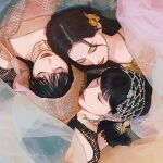  3girls black_dress black_hair bracelet brown_hair brown_hoodie do_not_touch_(misamo) dress flower from_above hair_flower hair_ornament halter_dress halterneck highres hood hood_up hoodie jewelry k-pop mina_(twice) misamo mole mole_on_nose momo_(twice) multiple_girls ochie orange_dress orange_flower real_life realistic red_lips sana_(twice) twice_(group) 
