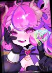  1girl absurdres ahoge black_gloves blush bow braid breasts cleavage curly_hair demon_girl demon_horns fang gloves hand_on_own_face heart heart_ahoge highres horns indie_virtual_youtuber ironmouse looking_at_viewer medium_hair multicolored_hair open_mouth pink_hair purple_bow purple_hair skin_fang streaked_hair suzuno_woto virtual_youtuber 
