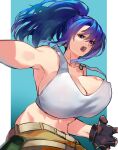  1girl bangs bare_shoulders belt blue_eyes blue_hair breasts camouflage camouflage_pants cleavage dog_tags gloves highres huge_breasts large_breasts leona_heidern long_hair negresco no_bra pants solo tank_top the_king_of_fighters the_king_of_fighters_xiv the_king_of_fighters_xv white_tank_top 