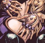  1boy 1other blonde_hair braid close-up clothing_cutout commentary english_commentary giorno_giovanna gold_experience gold_skin head_out_of_frame high_collar highres jacket jojo_no_kimyou_na_bouken killerqueeem ladybug_brooch ladybug_ornament male_focus pectoral_cleavage pectorals purple_jacket single_braid stand_(jojo) vento_aureo 