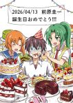  1boy 2girls birthday blue_sailor_collar blue_skirt blush cake cake_slice commentary_request feeding food green_hair happy_birthday hat highres higurashi_no_naku_koro_ni holding holding_spoon kojikigoujawa maebara_keiichi multiple_girls nausea necktie open_mouth orange_hair party_hat ponytail red_necktie sailor_collar school_uniform shirt short_sleeves skirt spoon vest white_shirt yellow_vest 