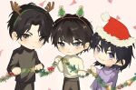  1girl 2boys antlers black_eyes black_hair black_shirt bob_cut chibi chibi_only collared_shirt emosunfish frown grey_eyes han_sooyoung hat highres holding hood hoodie horns kim_dokja looking_at_viewer mole mole_under_eye multiple_boys omniscient_reader's_viewpoint purple_hoodie reindeer_antlers santa_hat shirt shirt_tucked_in short_hair smile tree white_shirt yoo_joonghyuk 