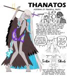  1boy 1girl absurdres anklet bad_feet bare_hips bare_shoulders barefoot belt colored_skin emphasis_lines english_text flexing gold_blood greek_mythology grey_skin grin highres jewelry looking_at_viewer looking_to_the_side multiple_views simple_background skull_ornament smile speech_bubble stab sword thanatos_(wanderjegson) torch trembling wanderjegson weapon white_background white_hair 