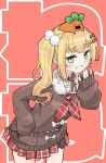 1girl blonde_hair blush bow bowtie brown_bow brown_bowtie brown_cardigan cardigan commentary_request cowboy_shot gradient_hair green_eyes grin hair_ornament hairclip half-skirt hololive leaning_forward long_hair long_sleeves looking_at_viewer mesugaki_pose miniskirt momosuzu_nene momosuzu_nene_(casual) multicolored_hair neckerchief nekko_(momosuzu_nene) official_alternate_costume official_alternate_hairstyle on_head pink_hair plaid_clothes plaid_neckerchief plaid_skirt pleated_skirt pom_pom_(clothes) pom_pom_hair_ornament red_background red_neckerchief red_skirt sailor_collar side_ponytail sidelocks skirt sleeves_past_fingers sleeves_past_wrists smile smug text_background virtual_youtuber watanabe_masafumi_(masafumi_127) white_sailor_collar 