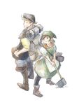  1boy 1girl alfyn_greengrass apron axe back-to-back backpack bag bandana bilingual_commentary black_pantyhose blonde_hair boots brown_boots brown_hair brown_hat closed_mouth commentary_request cosplay costume_switch dress english_commentary green_bandana green_dress hat highres hiking_backpack holding holding_axe mixed-language_commentary octopath_traveler octopath_traveler_i official_alternate_costume pantyhose qqqqqli simple_background smile tressa_colzione white_apron white_background 