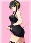  1girl absurdres black_dress black_gloves black_hair black_thighhighs clothes_lift dagger dress dress_lift earrings fingerless_gloves flower from_side gloves hair_flower hair_ornament hairband highres holding holding_weapon jewelry knife lifting_own_clothes looking_at_viewer looking_back microdress omachi_(slabco) open_mouth pink_background red_eyes short_hair_with_long_locks simple_background solo spy_x_family standing stiletto_(weapon) strapless strapless_dress thighhighs translated weapon yellow_hairband yor_briar 