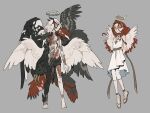  2girls angel angel_wings arms_behind_back asymmetrical_arms asymmetrical_wings barefoot blue_eyes claws full_body grey_background halo head_wings highres jewelry juanmao looking_at_viewer multiple_girls multiple_wings necklace original pale_skin red_hair sandals smile wings 