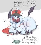 3_fingers 3_toes absol after_transformation ahoge all_fours arm_spikes bag blush blush_lines bodily_fluids chest_tuft claws clothing elbow_spikes english_text eyewear feet female feral fingers fur gender_transformation generation_3_pokemon glasses hair hat headgear headwear horn kemono looking_at_viewer lying nintendo on_ground open_mouth pokeball pokemon pokemon_(species) pupils red_eyes round_glasses shen_(snepause) snepause solo spikes spikes_(anatomy) sweat sweatdrop tail text toes transformation tuft white_body white_fur white_pupils