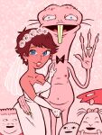  2girls 4boys allan_(smiling_friends) atomiksaico black_bow black_bowtie blue_eyes blush bow bowtie breasts bridal_veil brown_hair cleavage closed_eyes closed_mouth collarbone colored_skin commentary completely_nude covering_another's_crotch dress earrings elbow_gloves english_commentary fingernails flat_color freckles gloves hand_on_another's_hip hetero highres hsort_hair husband_and_wife interspecies jewelry large_breasts long_fingernails looking_at_another looking_at_viewer maureen_(smiling_friends) mole_man_(smiling_friends) multiple_boys multiple_girls navel nipples no_pupils nude open_mouth parted_lips pink_background red_skin ring simple_background smiling_friends standing strapless strapless_dress tongue tongue_out triplets_(smiling_friends) veil wedding_dress wedding_ring white_dress white_gloves 