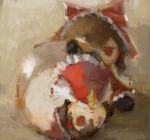  1girl arfranst ascot bow brown_background brown_hair commentary detached_sleeves english_commentary fumo_(doll) glass hair_bow hakurei_reimu highres orb red_bow red_eyes red_shirt red_skirt reflection shirt sitting skirt still_life touhou upside-down white_sleeves yellow_ascot 