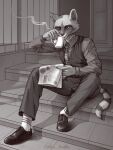 2025 accessory anthro belt bottomwear chicken_police claws clothed clothing container cup footwear fur hi_res holding_container holding_cup holding_newspaper holding_object inner_ear_fluff kitten_butler male mammal necktie newspaper notched_ear pants procyonid raccoon shadow shirt shoes signature sitting sitting_on_stairs socks solo steam tail topwear tuft vest whiskers zipp_h._murphy