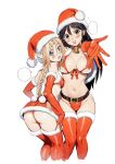  2girls aria_(tokiwa_kitareri!!) ass bell bikini black_hair blonde_hair blush braid braided_ponytail breasts commentary_request elbow_gloves elf foot_out_of_frame fur-trimmed_headwear fur_trim gloves hat highres jewelry large_breasts looking_at_viewer looking_back matsuena_shun miniskirt multiple_girls navel neck_bell no_panties official_art open_hand open_mouth outstretched_arm pointy_ears reaching reaching_towards_viewer red_hat santa_bikini santa_costume santa_hat simple_background skirt small_breasts smile speech_bubble spread_fingers standing swimsuit thighhighs tokiwa_kitareri!! white_background yaegaki_meguru_(tokiwa_kitareri!!) 