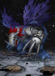  blue_skin clawed_feet claws colored_skin commentary cyborg digimon digimon_(creature) douzen glowing glowing_eyes helmet highres horns looking_at_viewer mechanical_arms metalgreymon_(virus) no_humans official_alternate_color open_mouth red_hair sharp_teeth single_mechanical_arm slit_pupils solo static tail teeth torn_wings veins wings yellow_eyes 