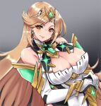  1girl bangs bare_shoulders blonde_hair breasts cleavage closed_mouth dress earrings elbow_gloves gloves grey_background highres holding holding_sword holding_weapon jewelry lips long_hair looking_at_viewer meowyin mythra_(xenoblade) smile solo super_smash_bros. sword tiara weapon white_dress white_gloves xenoblade_chronicles_(series) xenoblade_chronicles_2 yellow_eyes 